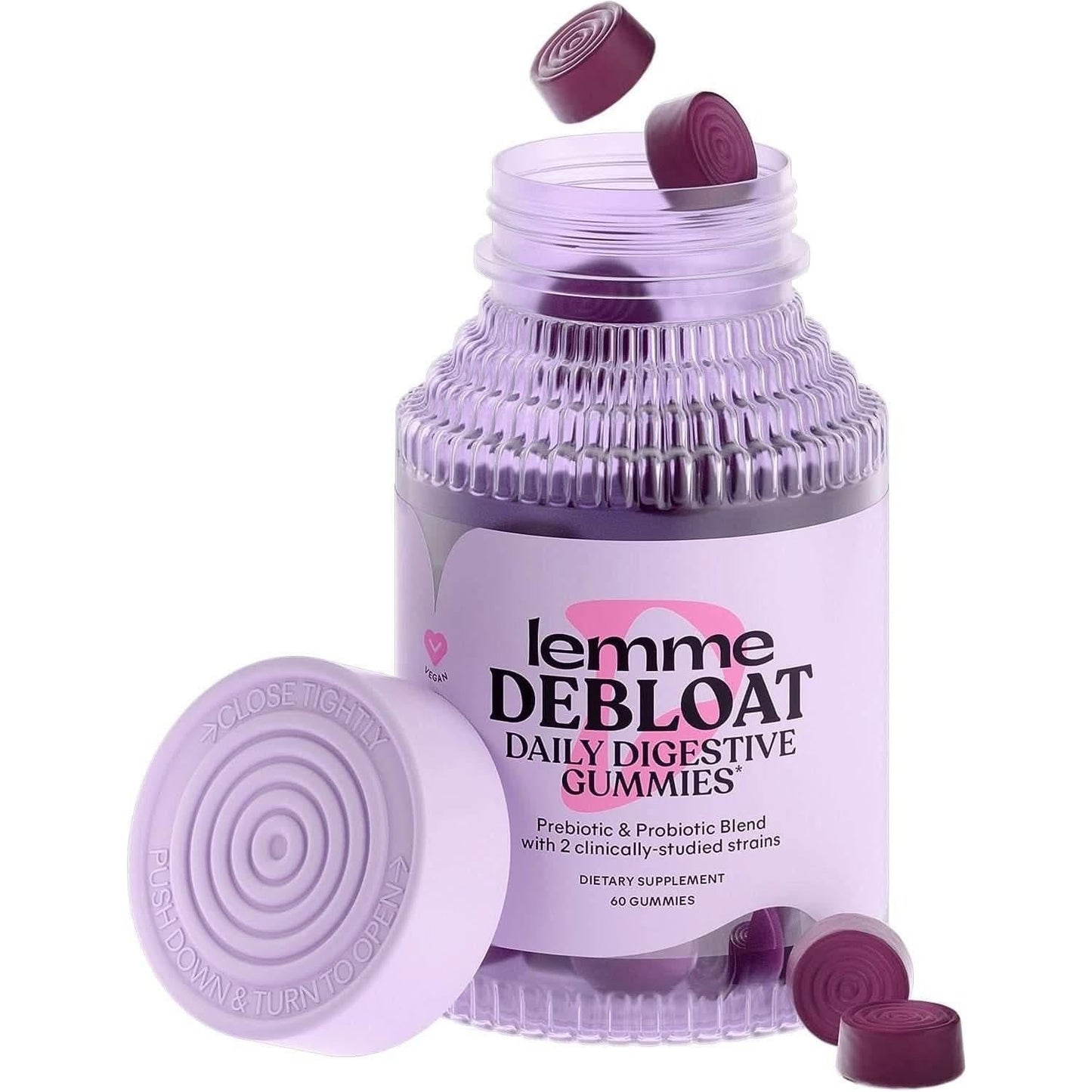 Lemme Debloat 60 count digestive gummies in blackberry flavour