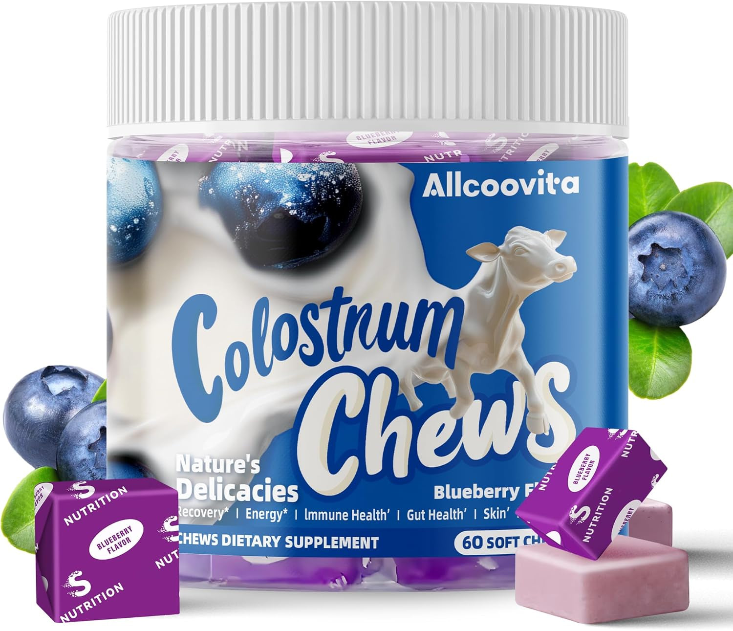 Bovine Colostrum Chews with Probiotics – Blueberry Flavour (60 Servings) | Gut Health, Immunity & Beauty Support