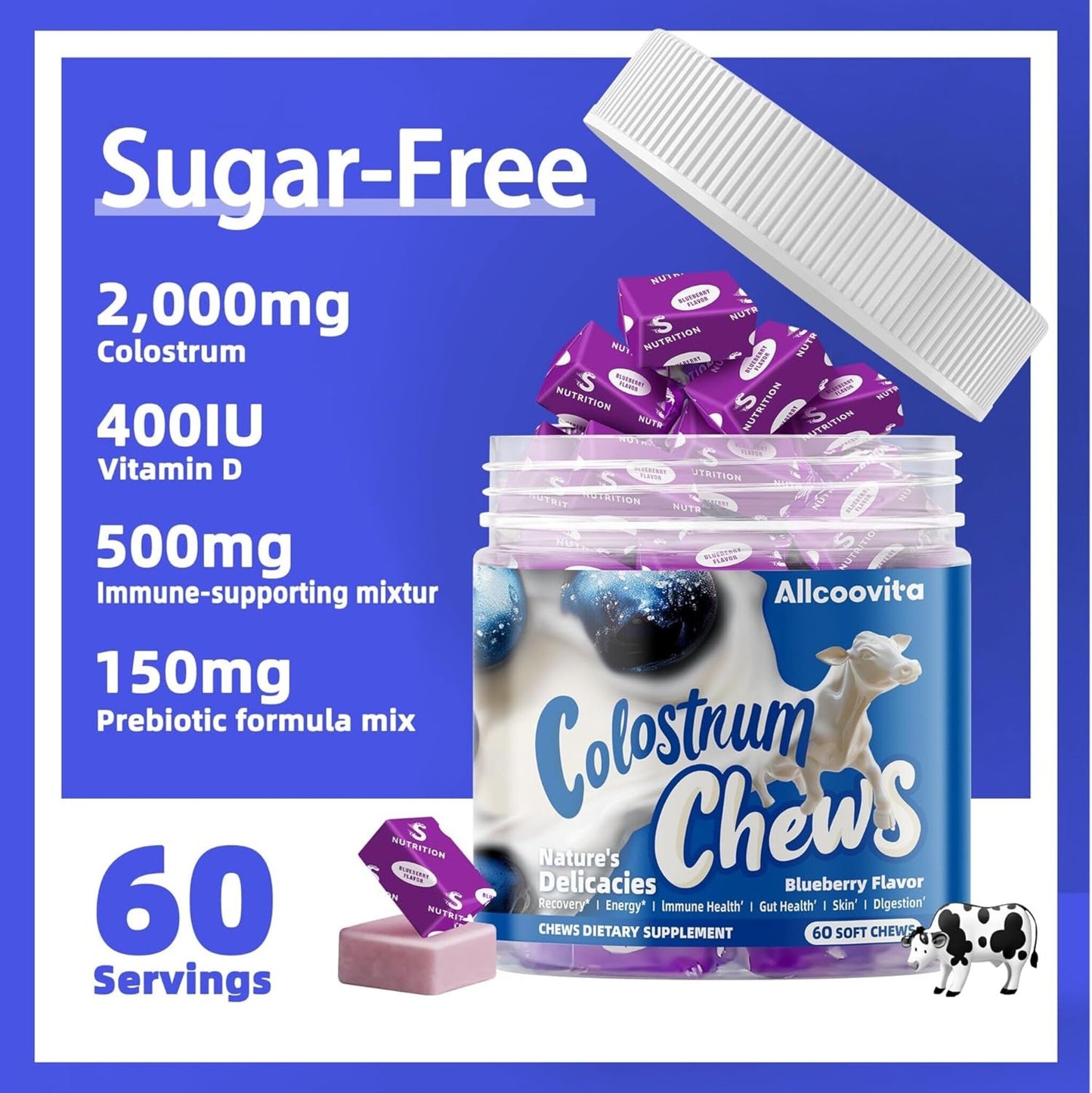 Bovine Colostrum Chews with Probiotics – Blueberry Flavour (60 Servings) | Gut Health, Immunity & Beauty Support