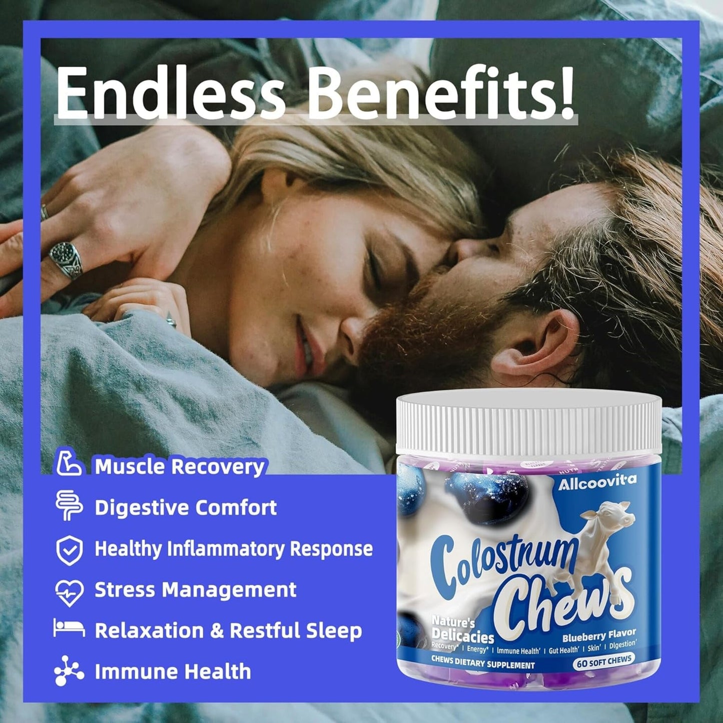Bovine Colostrum Chews with Probiotics – Blueberry Flavour (60 Servings) | Gut Health, Immunity & Beauty Support
