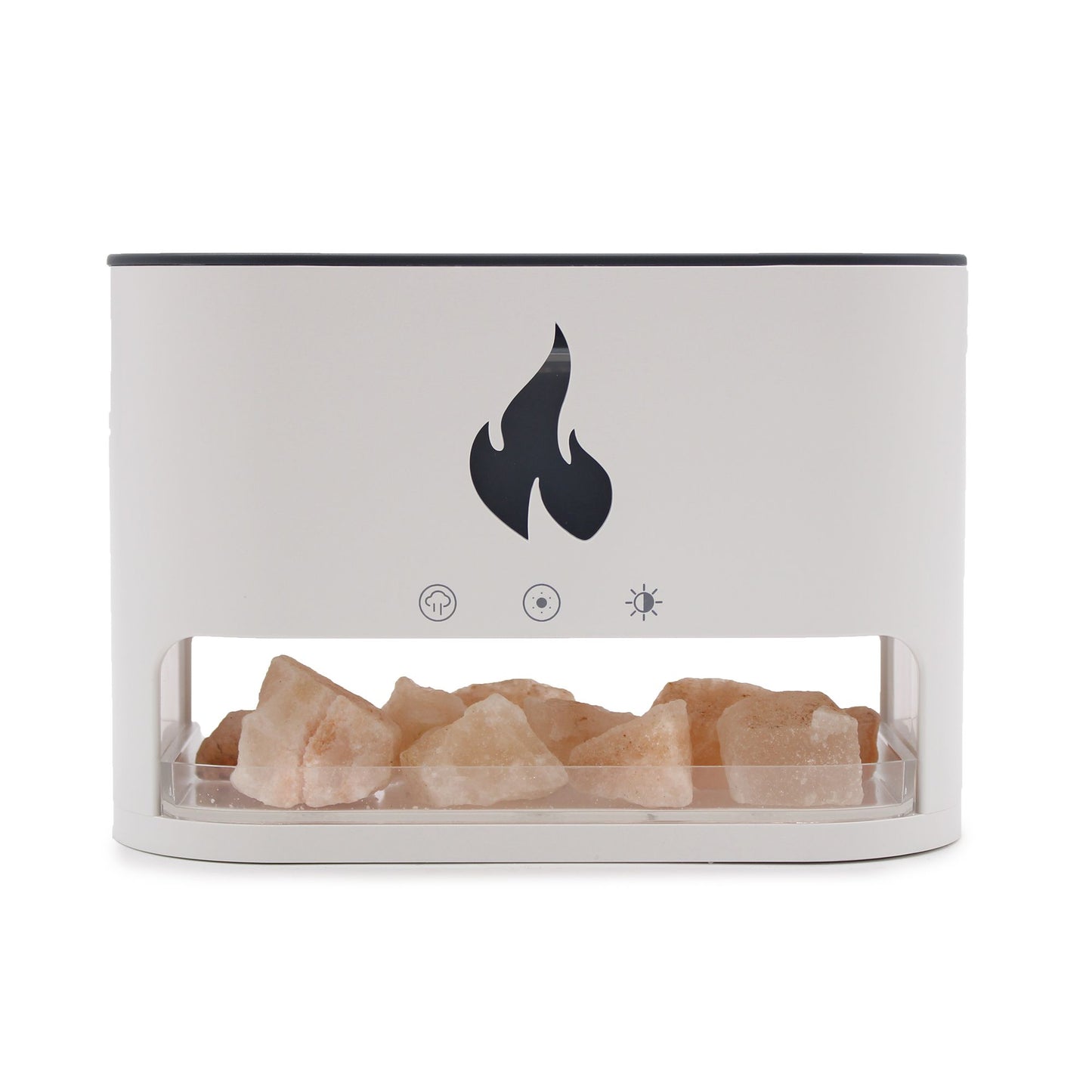 Ultrasonic Aroma Diffuser | White Blaze Aroma Diffuser - Himalayan Salt Chamber - USB-C - Flame Effect (Salt included) – USB‑C, Flame Effect, Himalayan Salt Chamber on bedside table with essential oils
