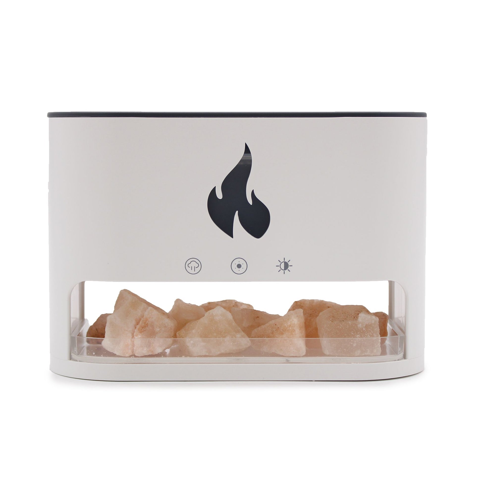 Ultrasonic Aroma Diffuser | White Blaze Aroma Diffuser - Himalayan Salt Chamber - USB-C - Flame Effect (Salt included) – USB‑C, Flame Effect, Himalayan Salt Chamber on bedside table with essential oils