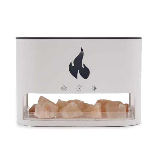 Ultrasonic Aroma Diffuser | White Blaze Aroma Diffuser - Himalayan Salt Chamber - USB-C - Flame Effect (Salt included) – USB‑C, Flame Effect, Himalayan Salt Chamber on bedside table with essential oils