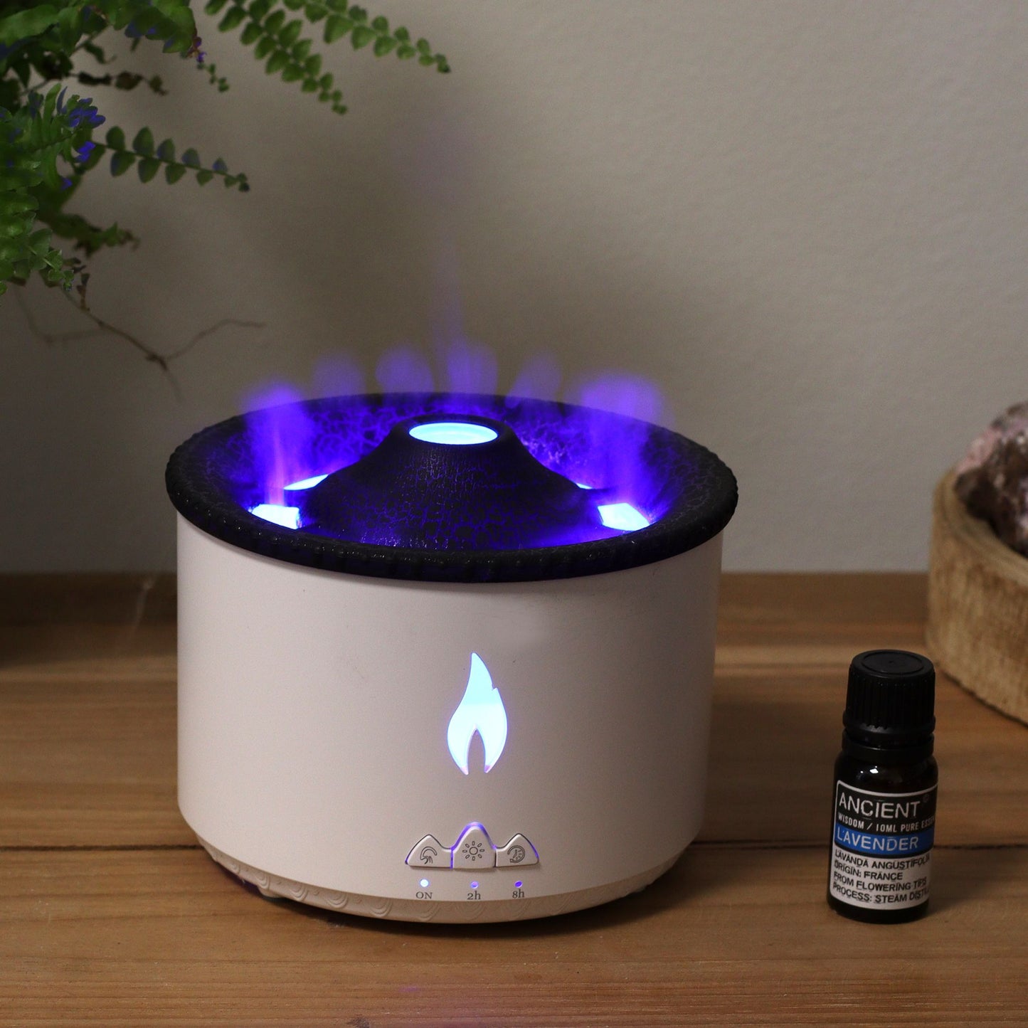 Ultrasonic Aroma Diffuser | Medium Volcano Effect Aroma Diffuser (plug) Two Colours -360ml on bedside table with essential oils
