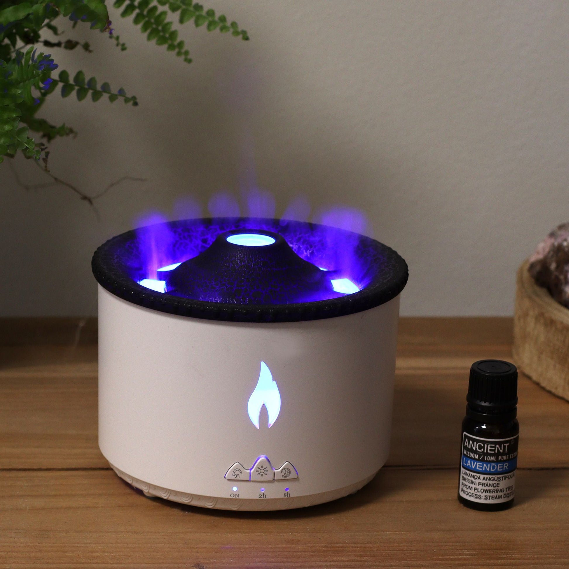 Ultrasonic Aroma Diffuser | Medium Volcano Effect Aroma Diffuser (plug) Two Colours -360ml on bedside table with essential oils