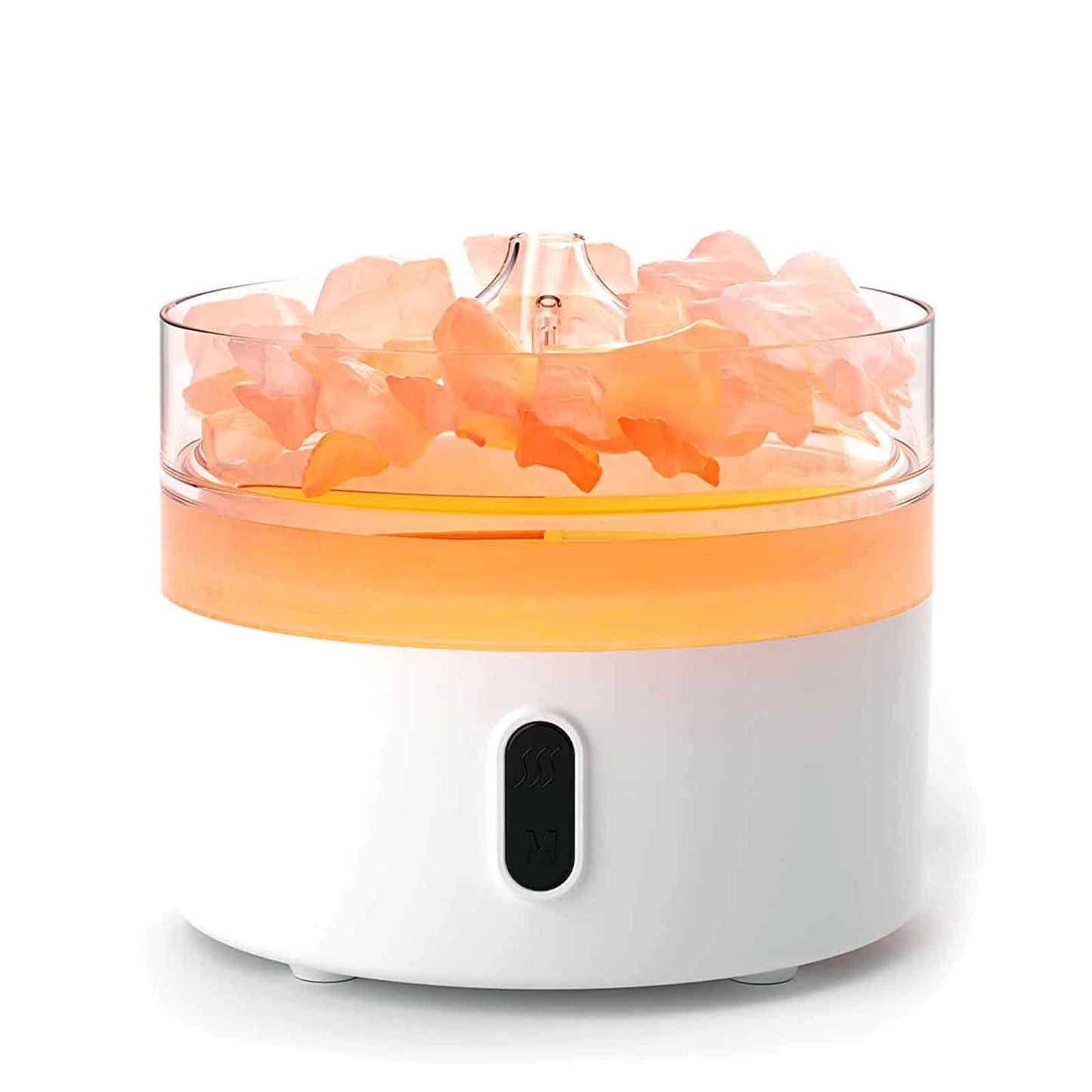 Ultrasonic Aroma Diffuser | Himalayan Salt Aroma Diffuser - Night Light - USB-C - Flame Effect (salt included) – USB‑C, Flame Effect, Himalayan Salt Chamber on bedside table with essential oils