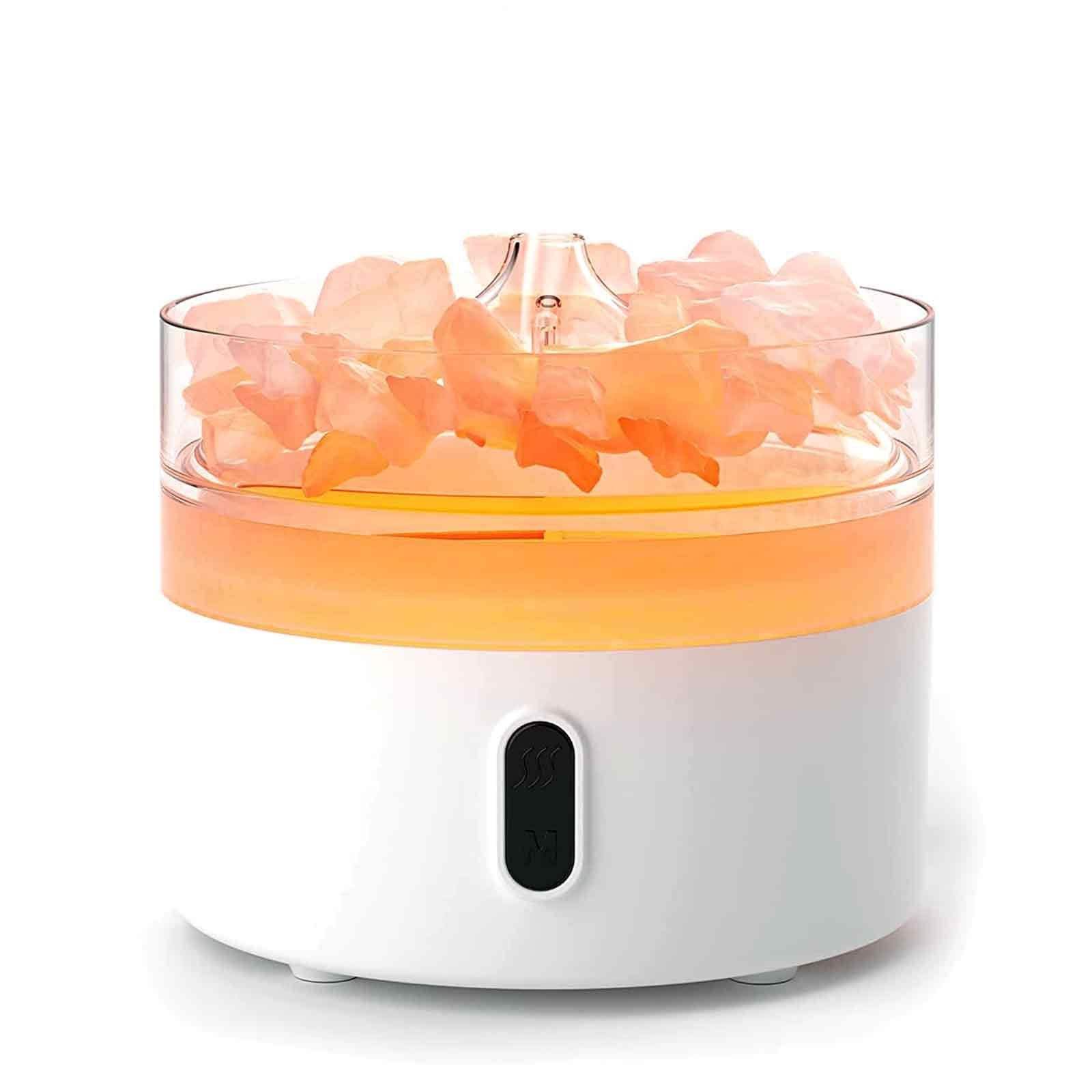 Ultrasonic Aroma Diffuser | Himalayan Salt Aroma Diffuser - Night Light - USB-C - Flame Effect (salt included) – USB‑C, Flame Effect, Himalayan Salt Chamber on bedside table with essential oils