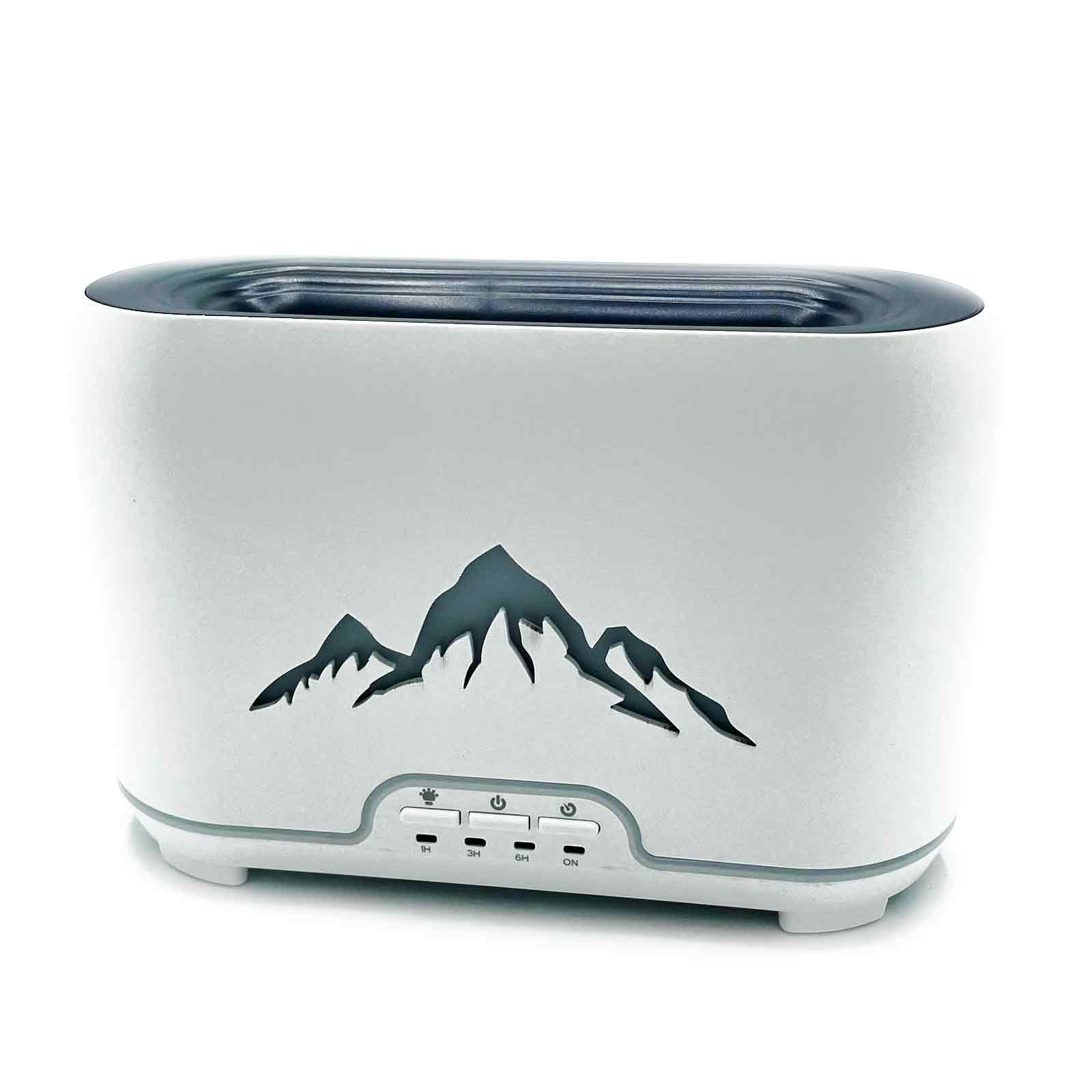 Ultrasonic Aroma Diffuser | Himalayas Aroma Diffuser - USB-C - Remote control - Flame Effect – USB‑C, Flame Effect, Remote on bedside table with essential oils