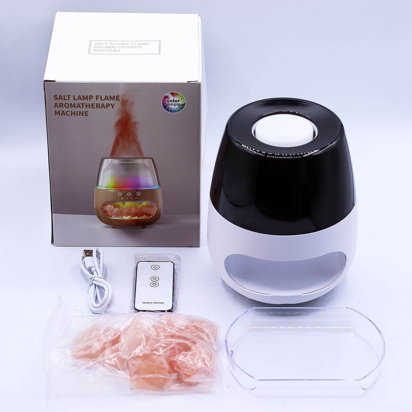 Ultrasonic Aroma Diffuser | Salt Stone Flame Effect Aroma Diffuser - White USB - Colour Change and Timer – USB, Colour‑Change Light, Timer, Flame Effect, Himalayan Salt Chamber
