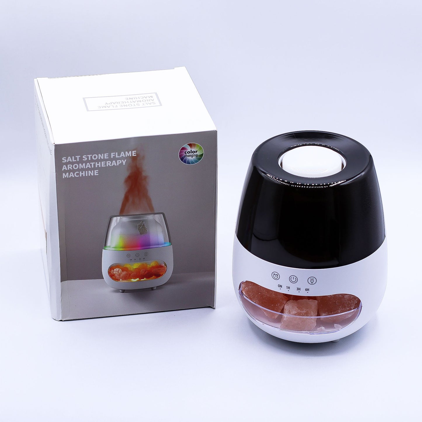 Ultrasonic Aroma Diffuser | Salt Stone Flame Effect Aroma Diffuser - White USB - Colour Change and Timer – USB, Colour‑Change Light, Timer, Flame Effect, Himalayan Salt Chamber