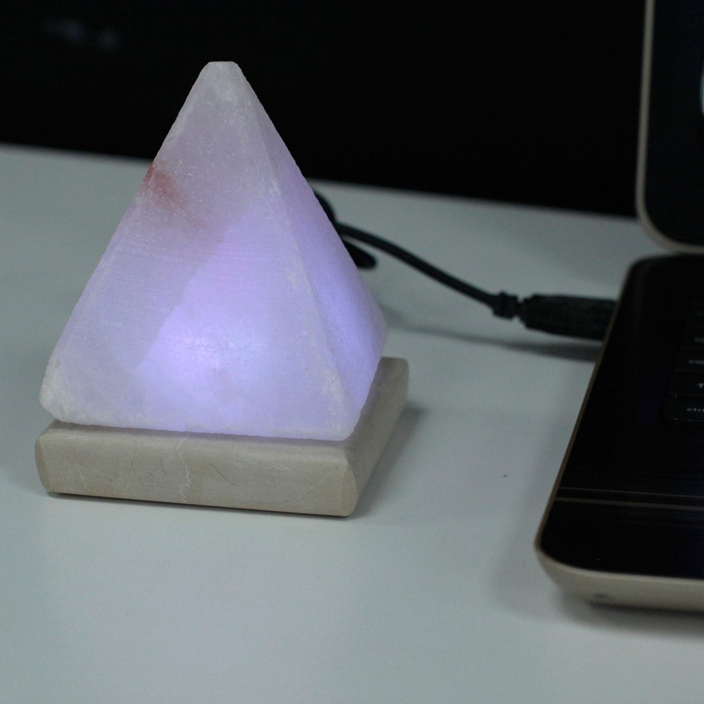 Quality USB Pyramid WHITE Salt Lamp - 9 cm (multi) glowing amber on bedside table