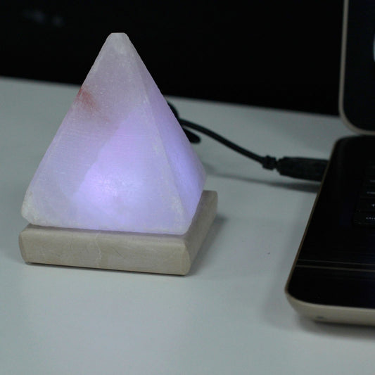 Quality USB Pyramid WHITE Salt Lamp - 9 cm (multi) glowing amber on bedside table