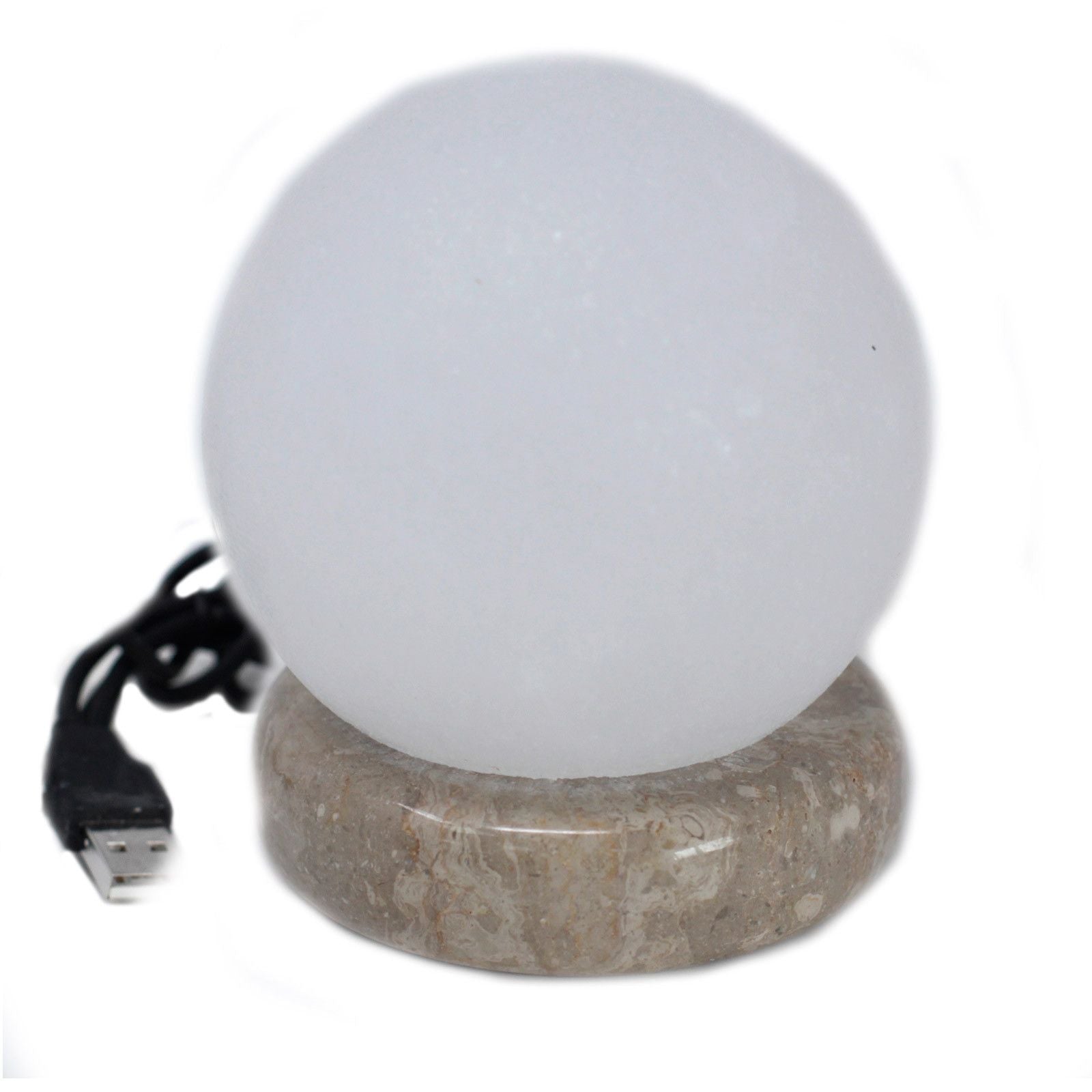 Quality USB Ball WHITE Salt Lamp - 9 cm (multi) glowing amber on bedside table