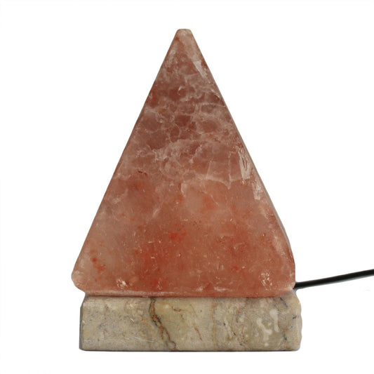 Quality USB Pyramid Salt Lamp - 9 cm (single) glowing amber on bedside table
