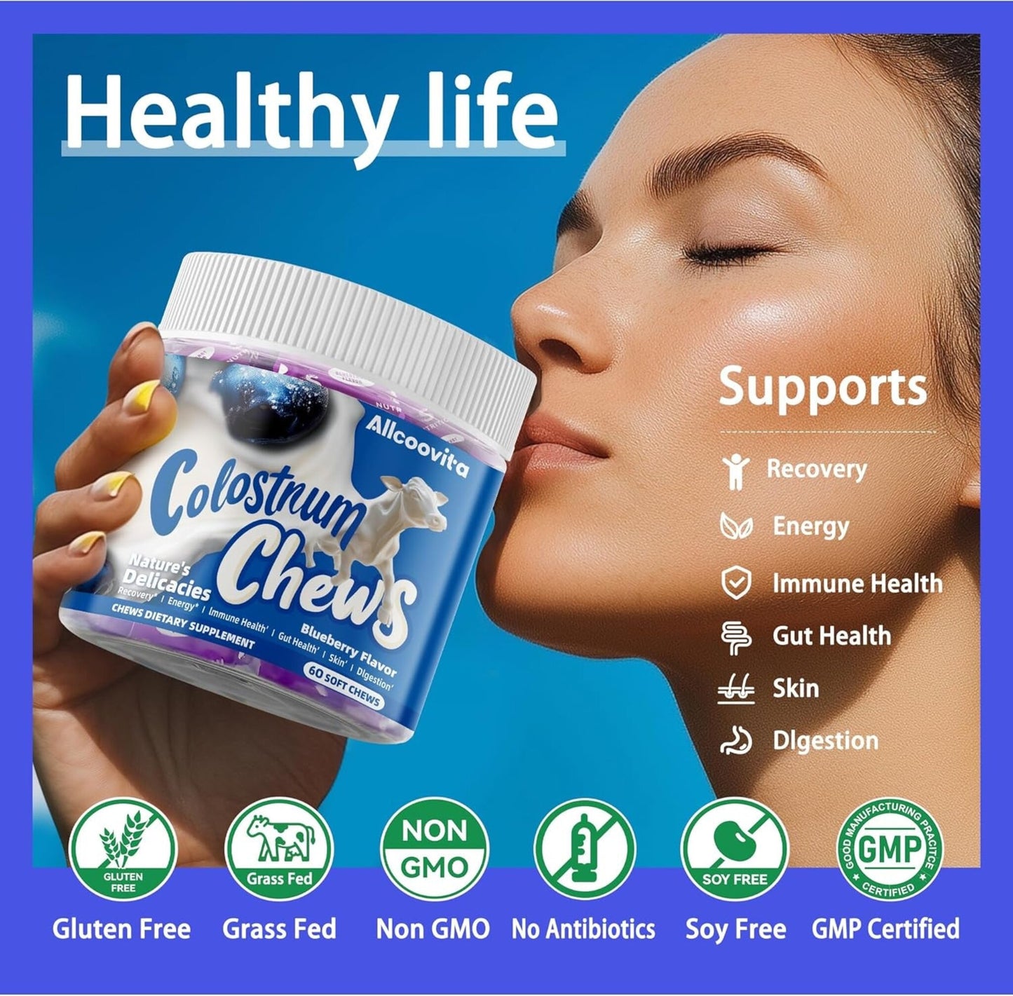 Bovine Colostrum Chews with Probiotics – Blueberry Flavour (60 Servings) | Gut Health, Immunity & Beauty Support