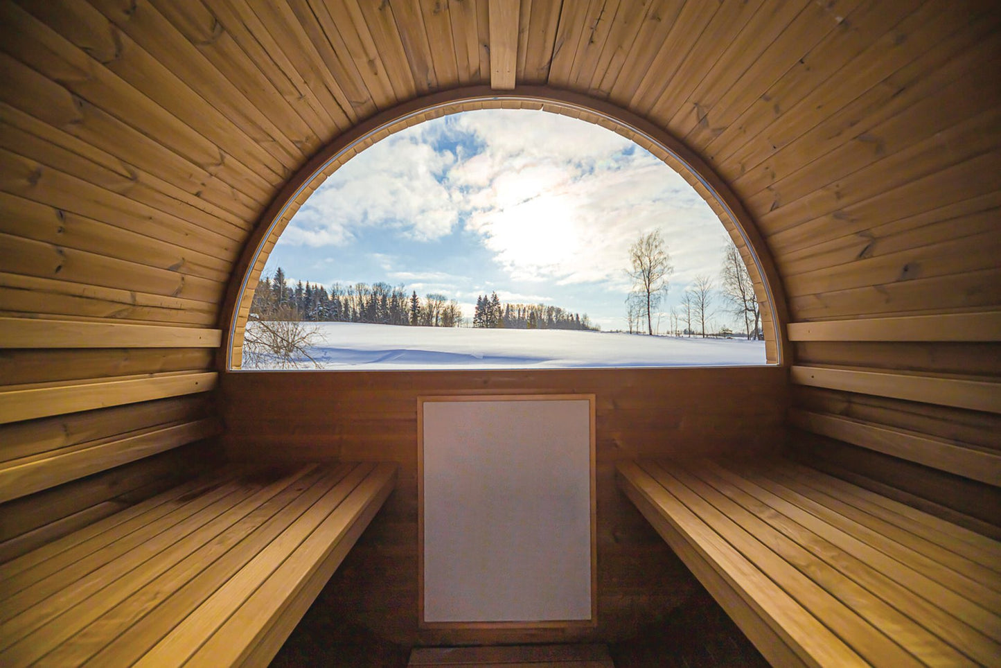 Interior panorama view looking out from the Hekla Barrel Sauna 210.