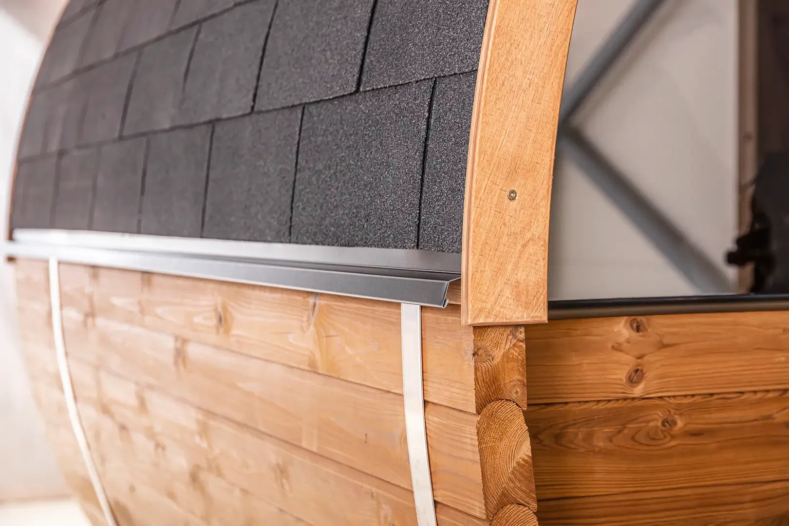 Close-up of roof shingles detail on the Hekla Barrel Sauna 210.