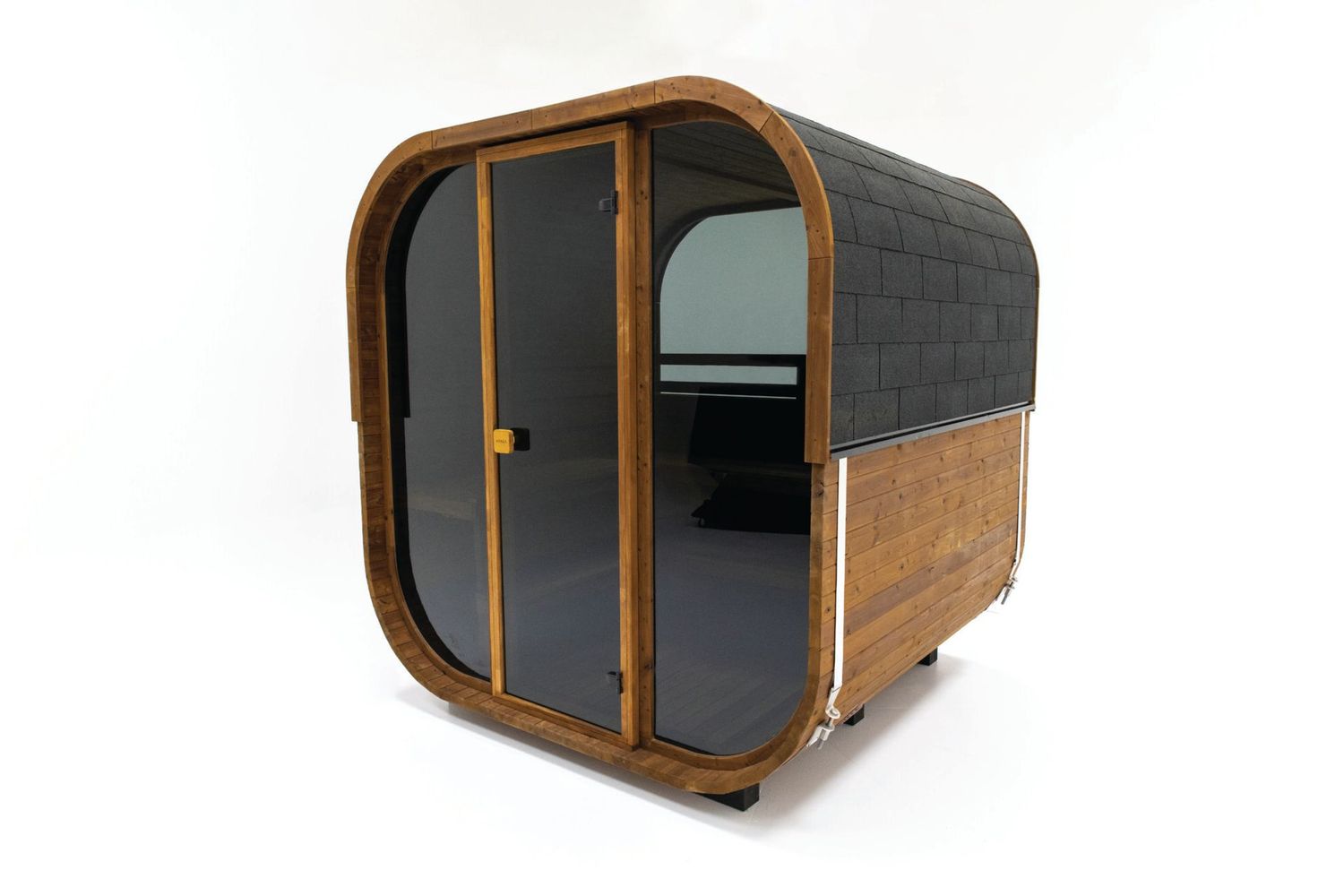 Hekla Cube Sauna 160 outdoor cube sauna, cutout front angle open door.