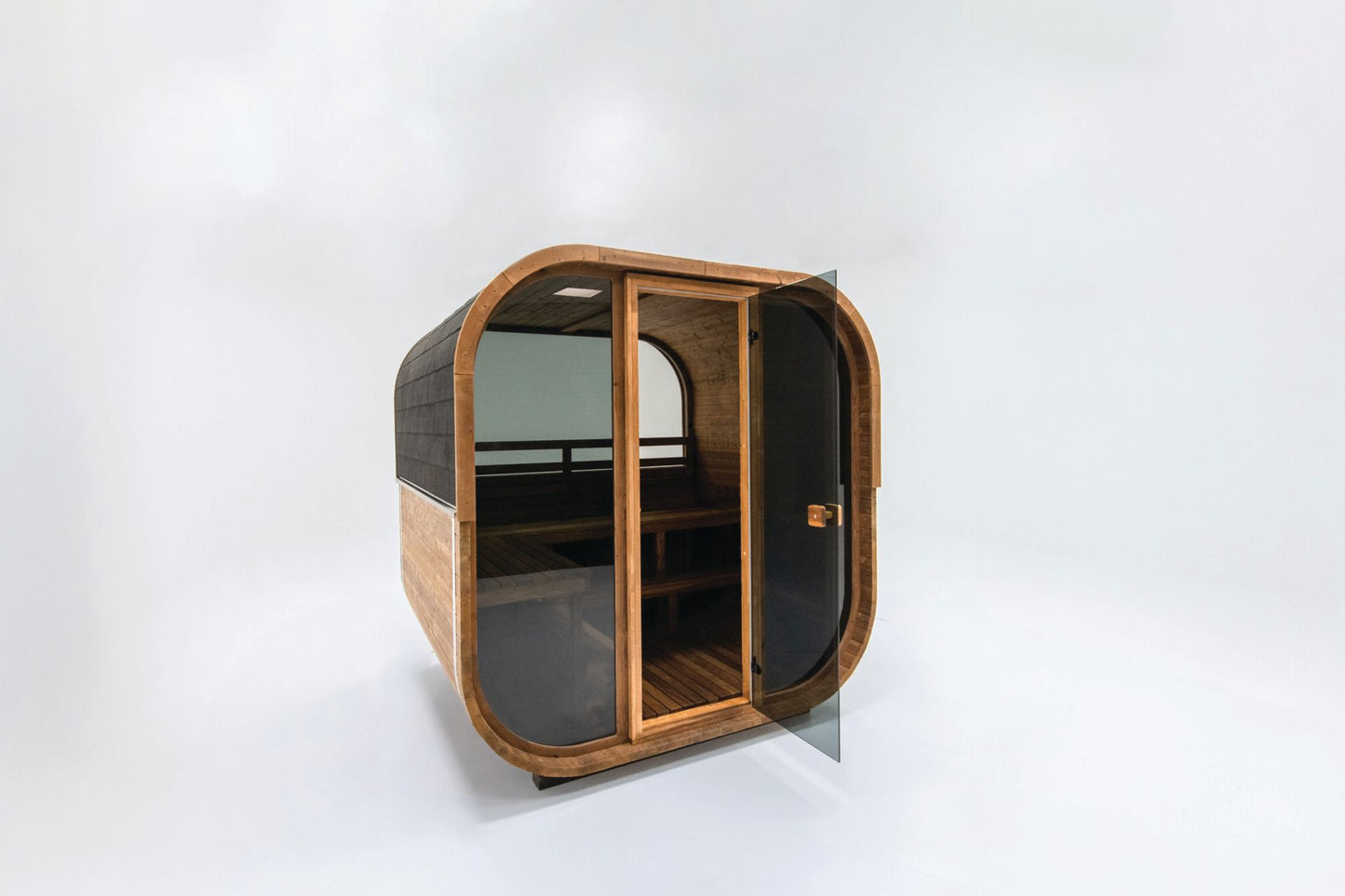 Hekla Cube Sauna 250 outdoor cube sauna, cutout three quarter open door.
