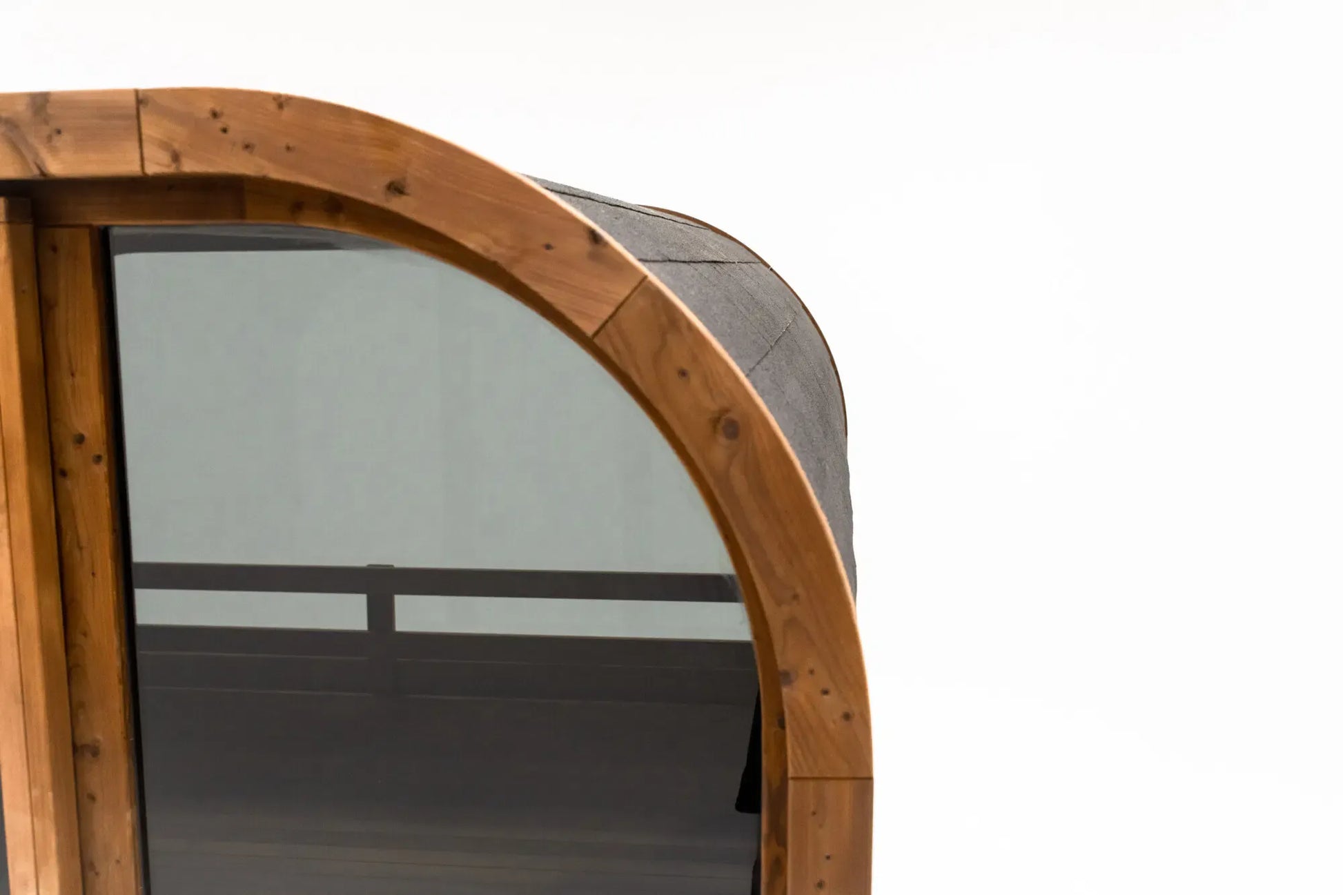 Hekla Cube Sauna 210 outdoor cube sauna, glass front frame closeup.