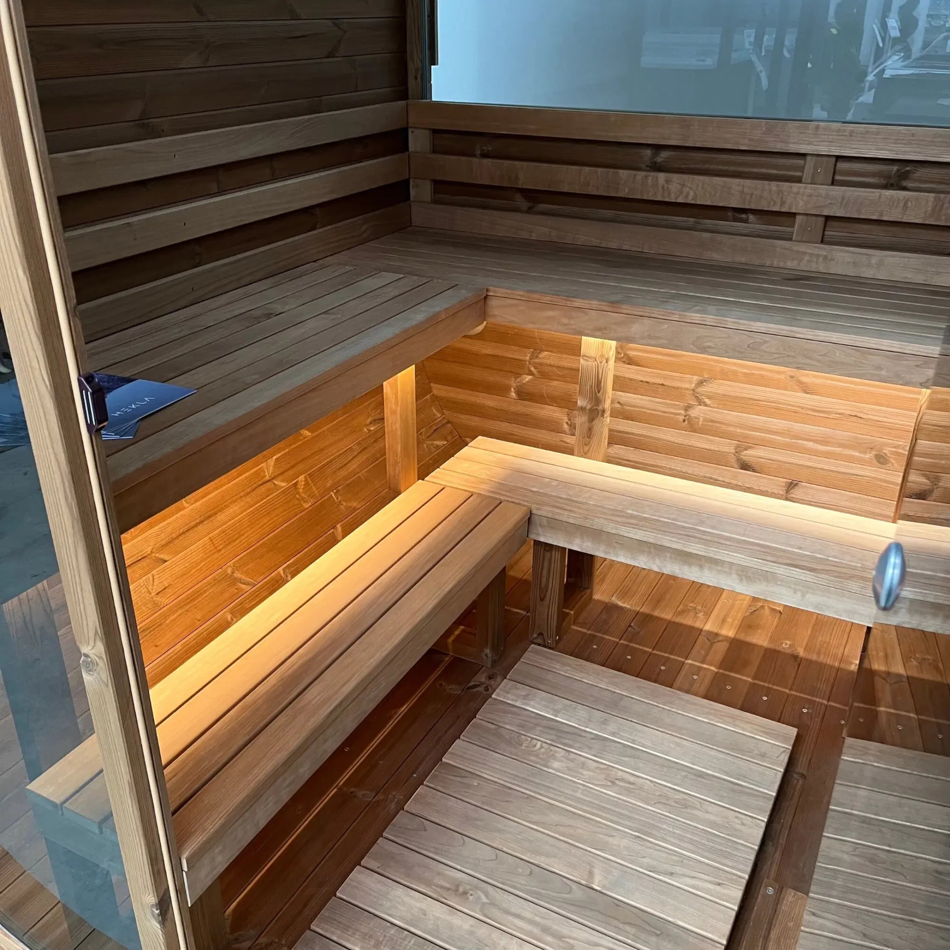 Hekla Cube Sauna 250 outdoor cube sauna, interior bench and led lighting.
