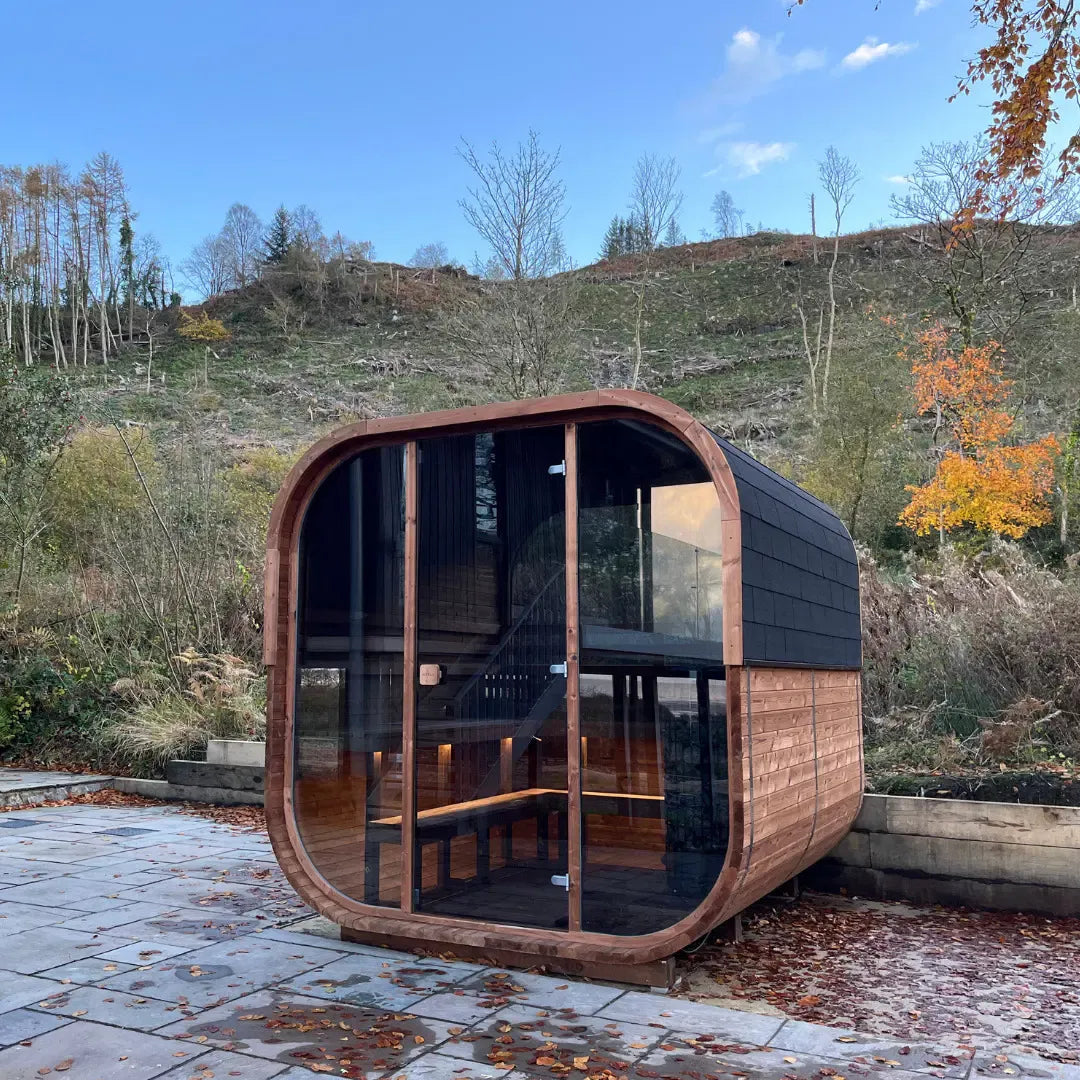 Hekla Cube Sauna 250 outdoor cube sauna, lifestyle outdoor patio installed.