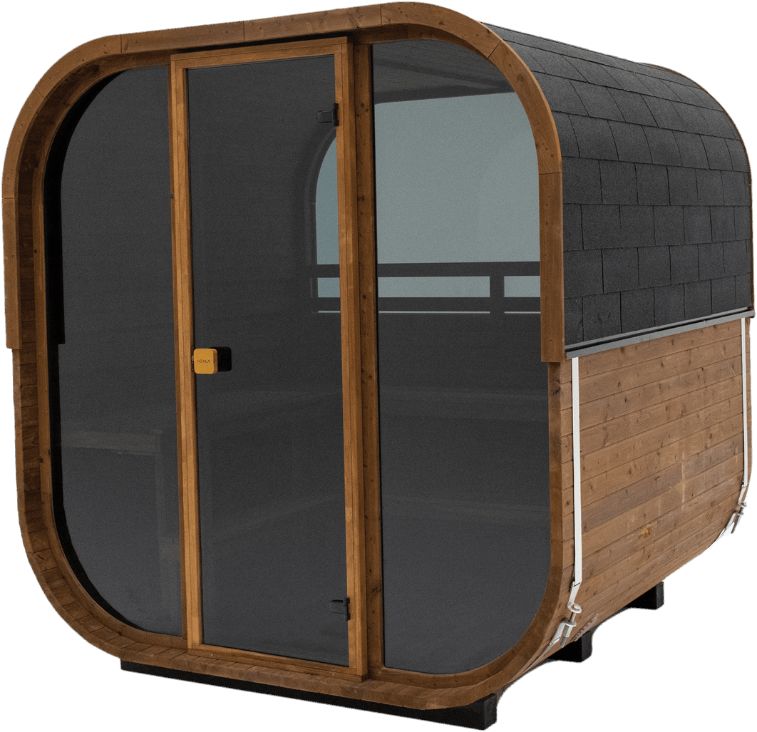 Hekla Cube Sauna 210 outdoor cube sauna, exterior side angle cutout 1.