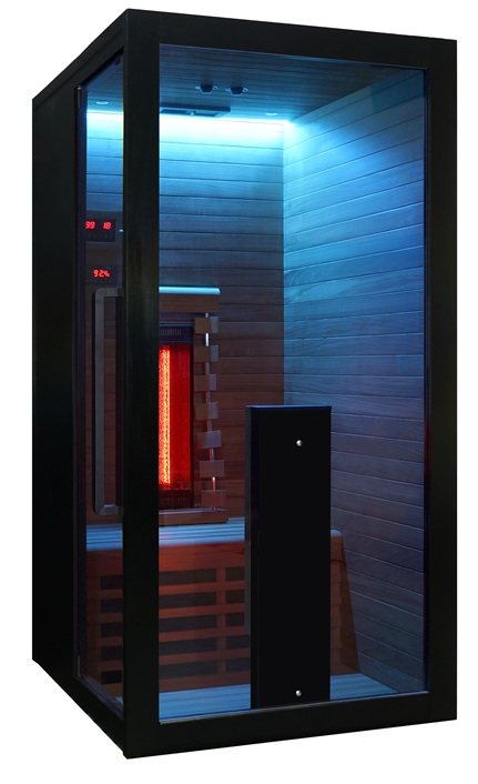 Front angle view of the Hekla IR100 infrared sauna with blue chromotherapy lighting.