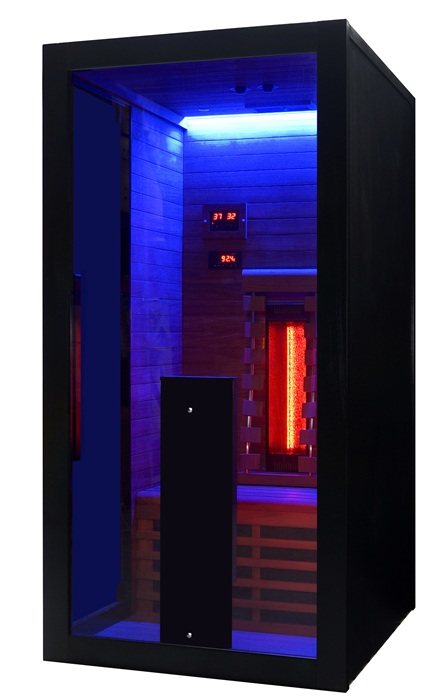 Front angle view of the Hekla IR100 infrared sauna with deep blue lighting.