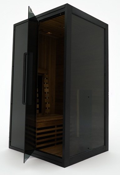 Front angle view of the Hekla IR100 infrared sauna with the door open.