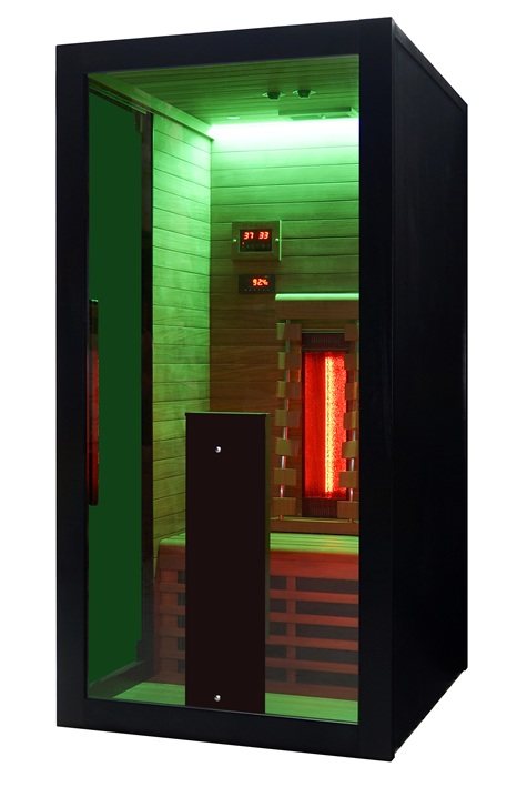 Front angle view of the Hekla IR100 infrared sauna with green chromotherapy lighting.