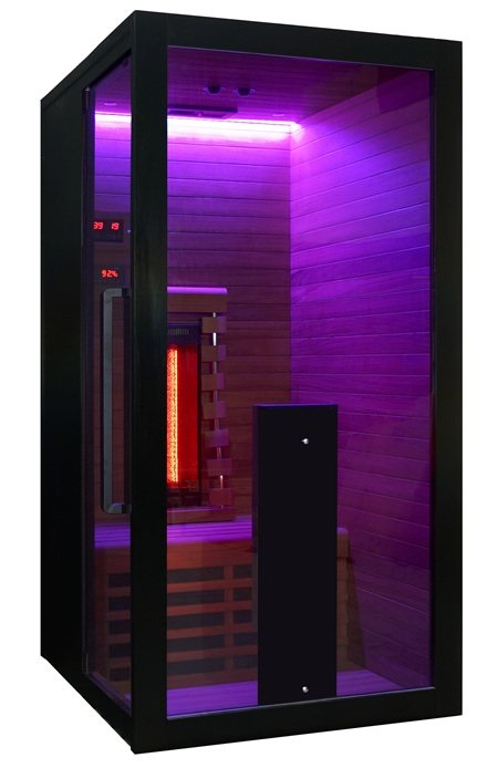 Front angle view of the Hekla IR100 infrared sauna with purple chromotherapy lighting.