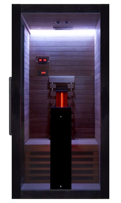 Front view of the Hekla IR100 infrared sauna with white interior lighting.
