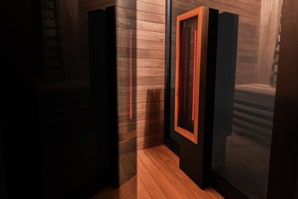 Interior view of the front heater panel inside the Hekla IR100 sauna.