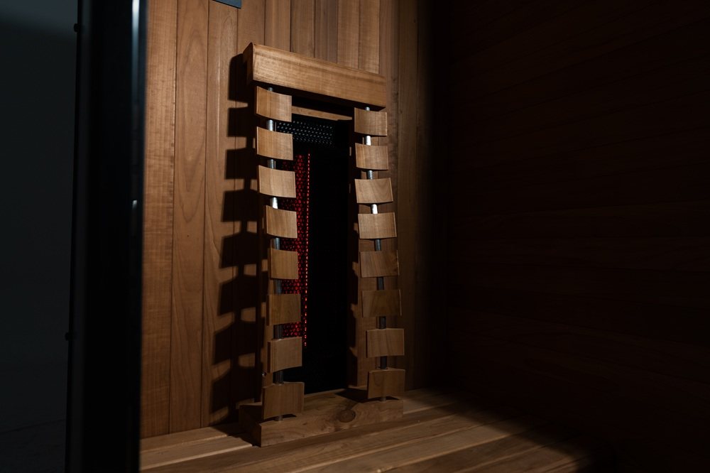 Side view of the infrared heater inside the Hekla IR100 sauna.