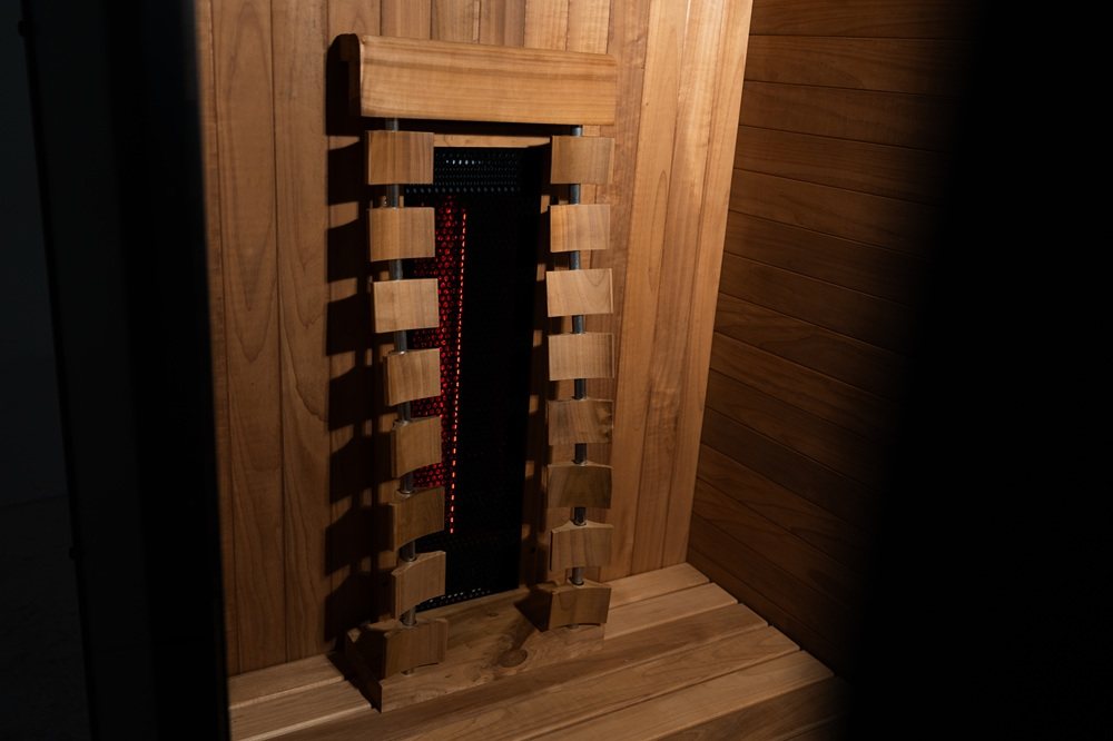 Interior view of the infrared heater inside the Hekla IR100 sauna.