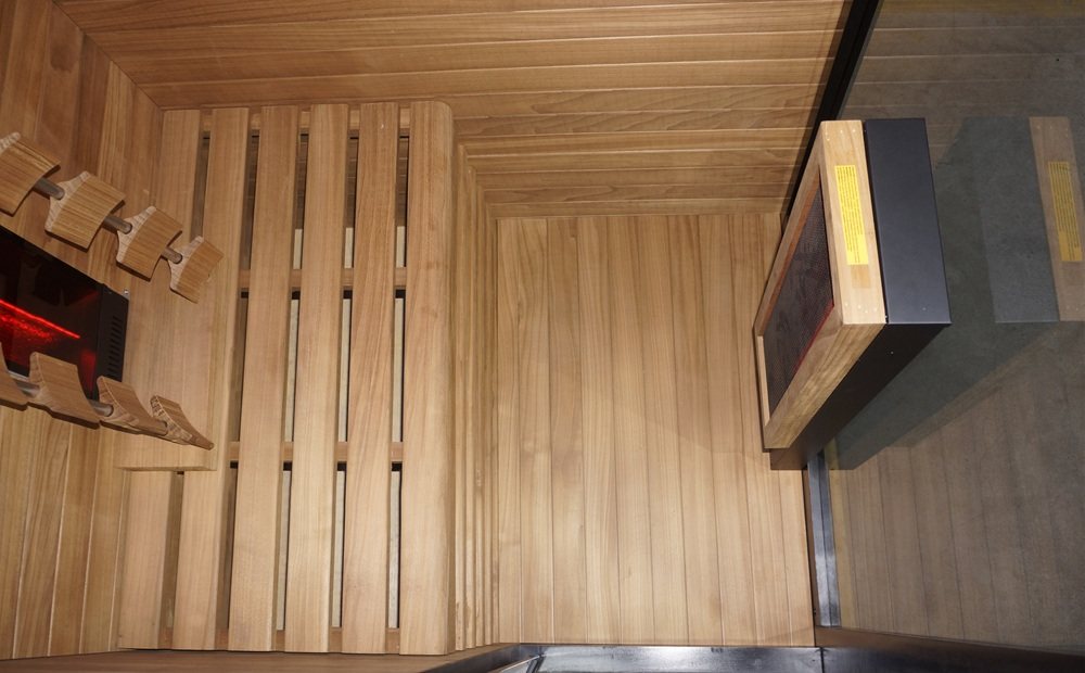 Top-down interior view of the Hekla IR100 infrared sauna cabin.