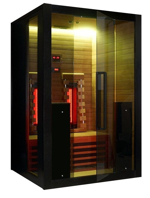 Hekla IR130 infrared sauna with warm amber LED lighting.