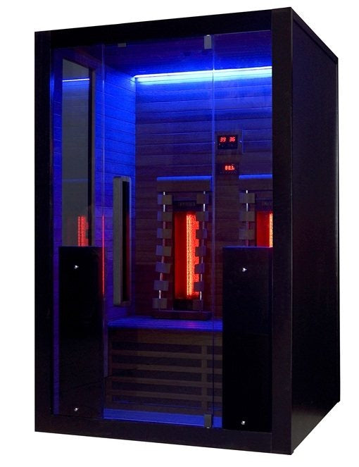 Hekla IR130 infrared sauna with blue LED chromotherapy lighting.