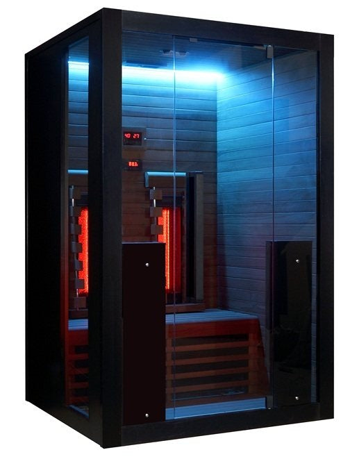 Hekla IR130 infrared sauna with cool blue/cyan LED lighting.