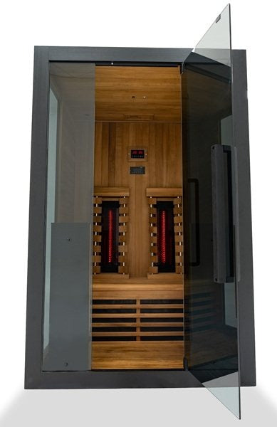 Hekla IR130 infrared sauna cabin front view with door open showing interior.