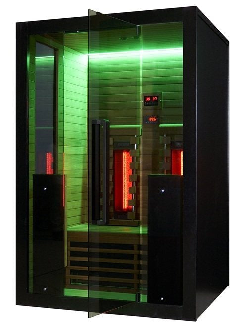Hekla IR130 infrared sauna with green LED chromotherapy lighting.
