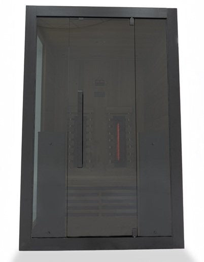 Hekla IR130 2 person infrared sauna cabin front view with tinted glass door.