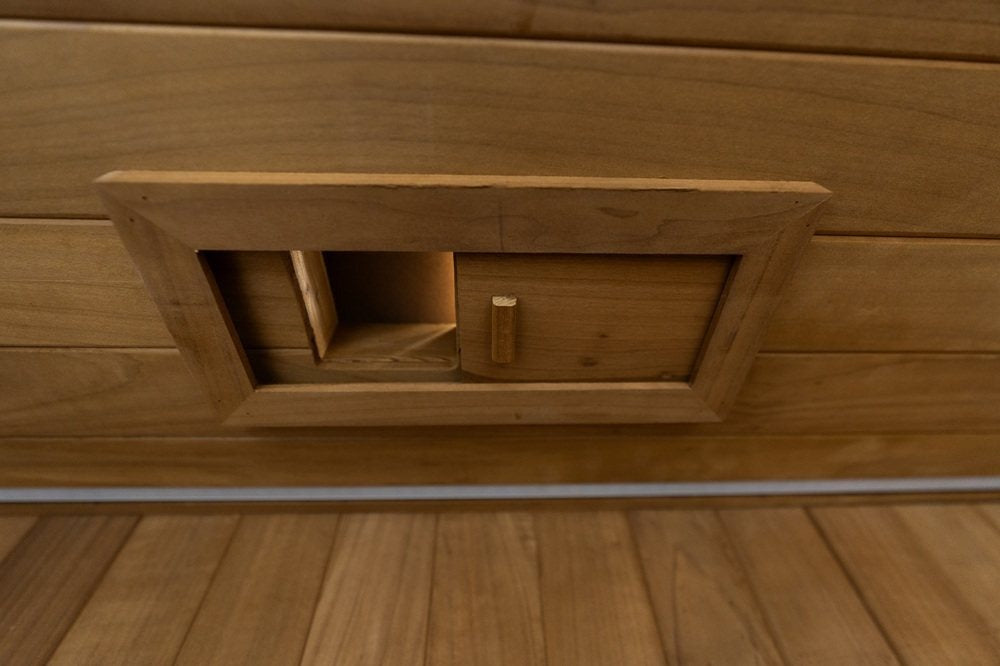 Air vent detail inside the Hekla IR130 infrared sauna cabin.