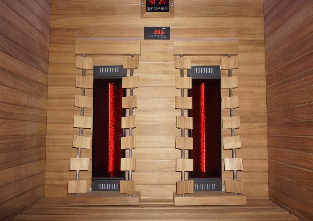 Infrared heater panel close-up inside the Hekla IR130 sauna.