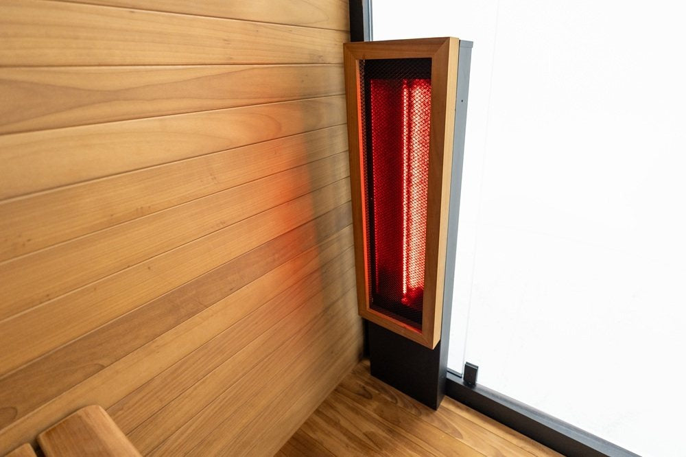 Hekla IR130 sauna interior side wall heater detail.