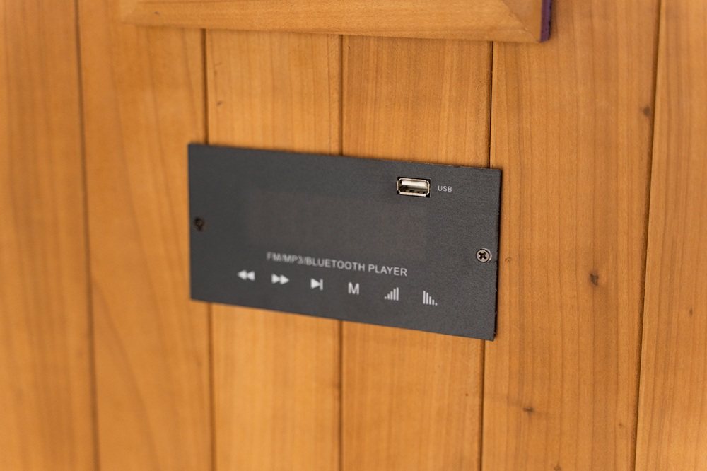 Bluetooth audio panel on the Hekla IR160 2 person infrared sauna cabin.