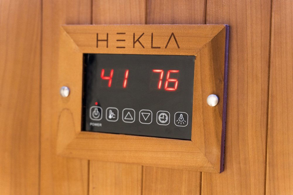 Control panel display on the Hekla IR160 2 person infrared sauna cabin.