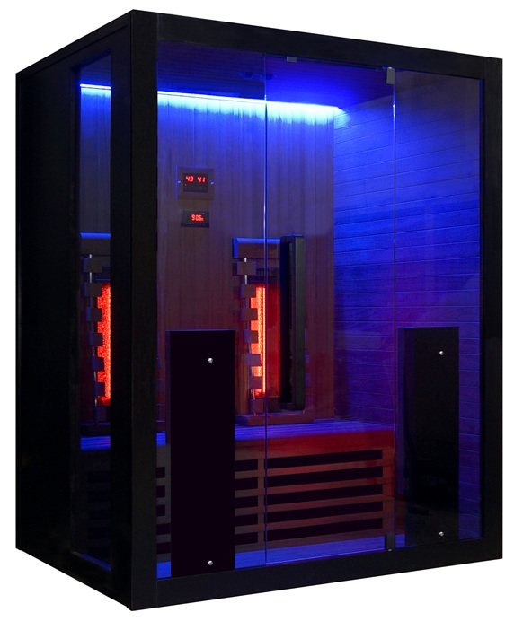 Exterior front blue led dark view of the Hekla IR160 2 person infrared sauna cabin.