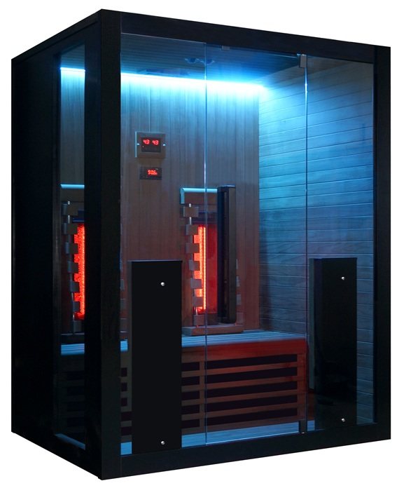 Exterior front blue led view of the Hekla IR160 2 person infrared sauna cabin.